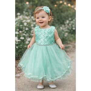 Toddler Girl 12M Mint Green Formal Tulle Dress Rhinestone Flower Girl Easter